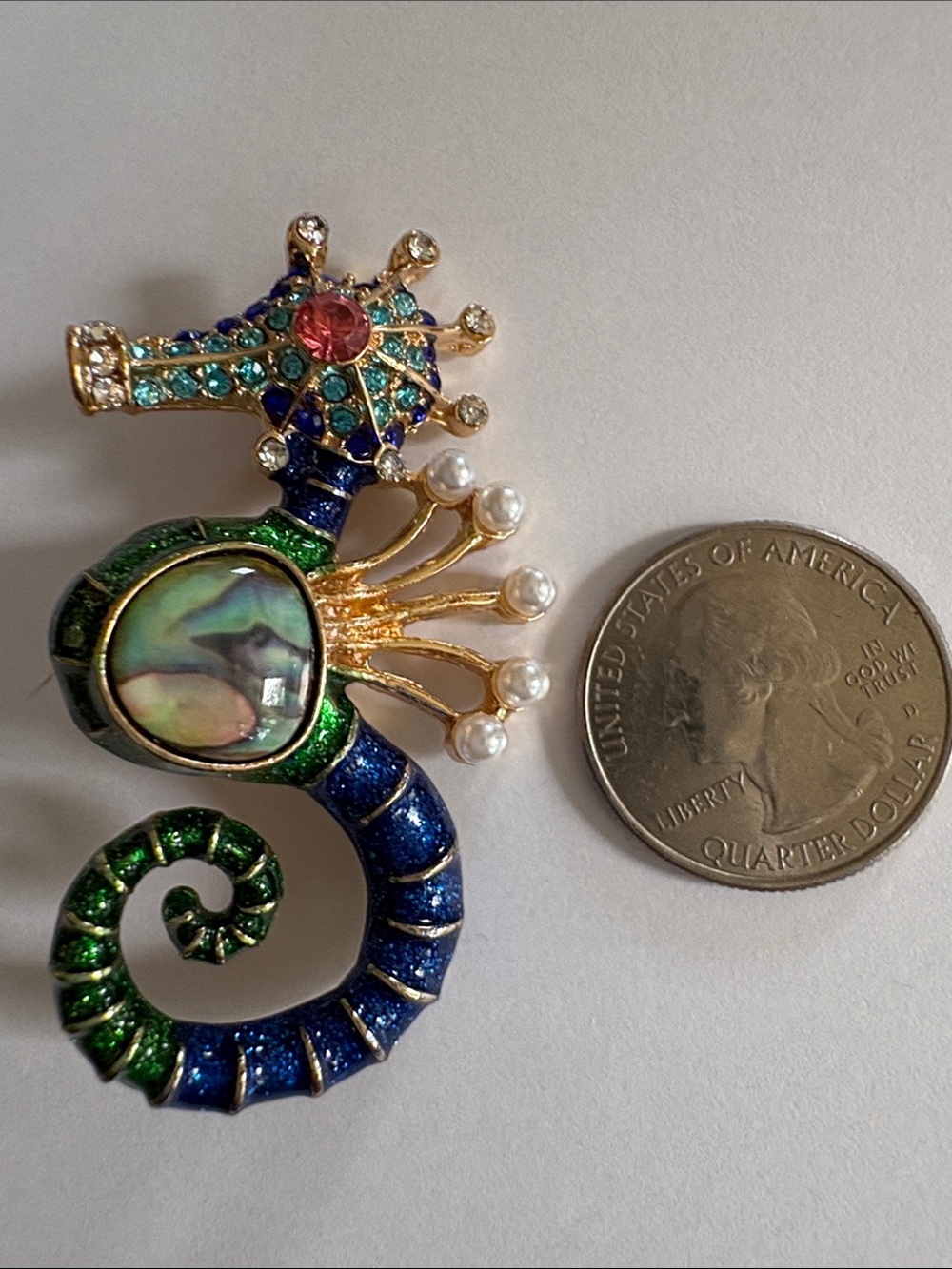Jeweled Seahorse Brooch in Blue, Green & Gold - Picture 2 of 3